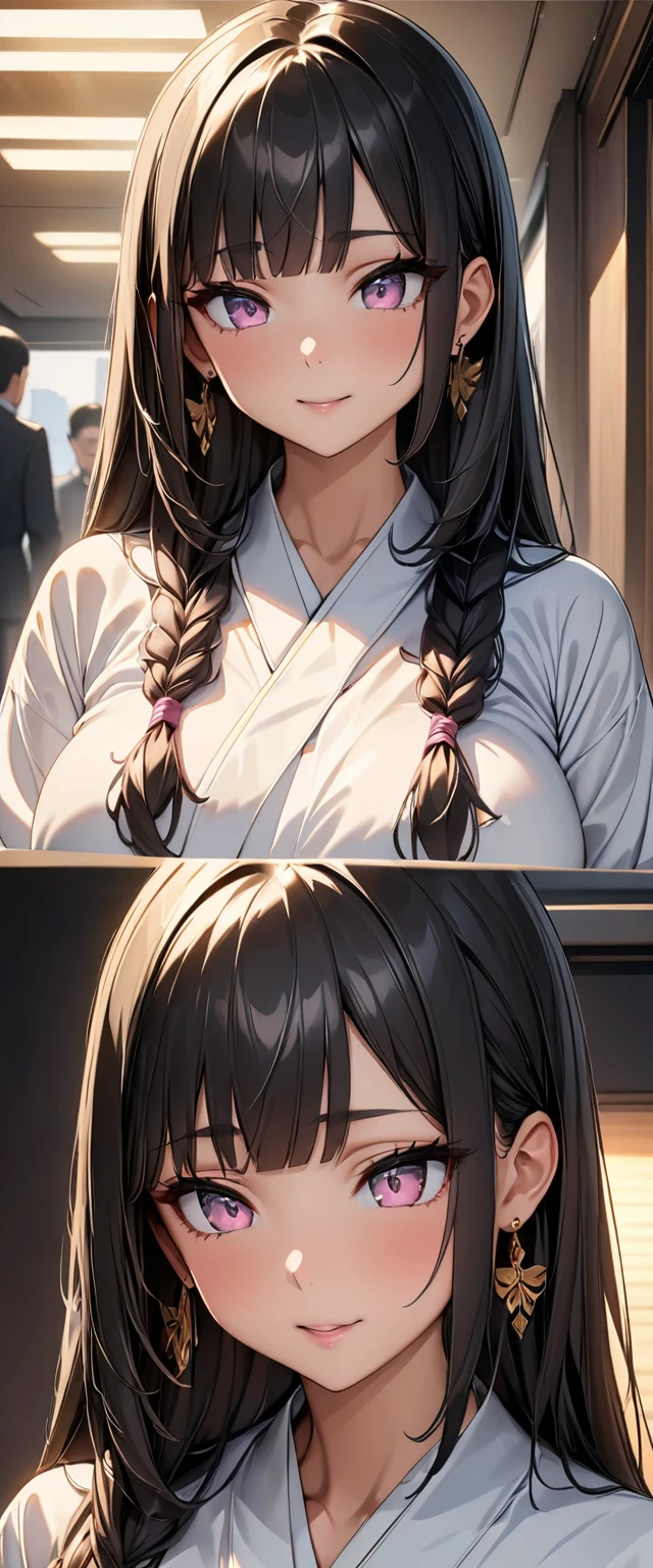 (Perfect ???????)、Mastepiece、Ultra High Quality、 8k、masterpiece、Highest quality、Ultra-high resolution、Maximum resolution、Very detailed、Professional Lighting、anime、Adult female、thin、so beautiful、Highly detailed eye、Highly detailed face、Golden earrings、Black Hair,、Pink eyes, , Braiding、Straight bangs、Hakama、Random Pause