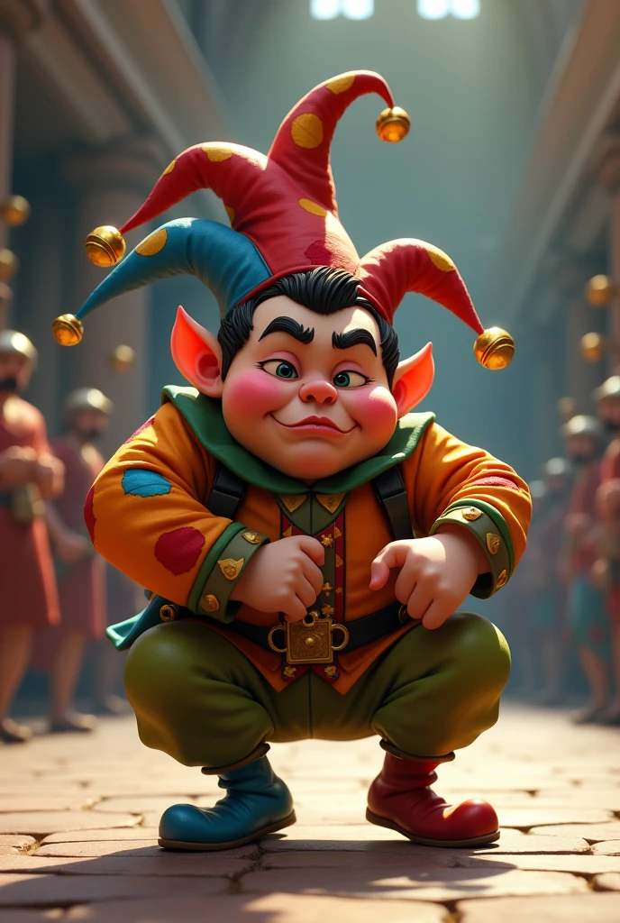A short and plump jester dancing around with bells on his hat
Make him squatting facing forward and just a little more grouchy
Shirt