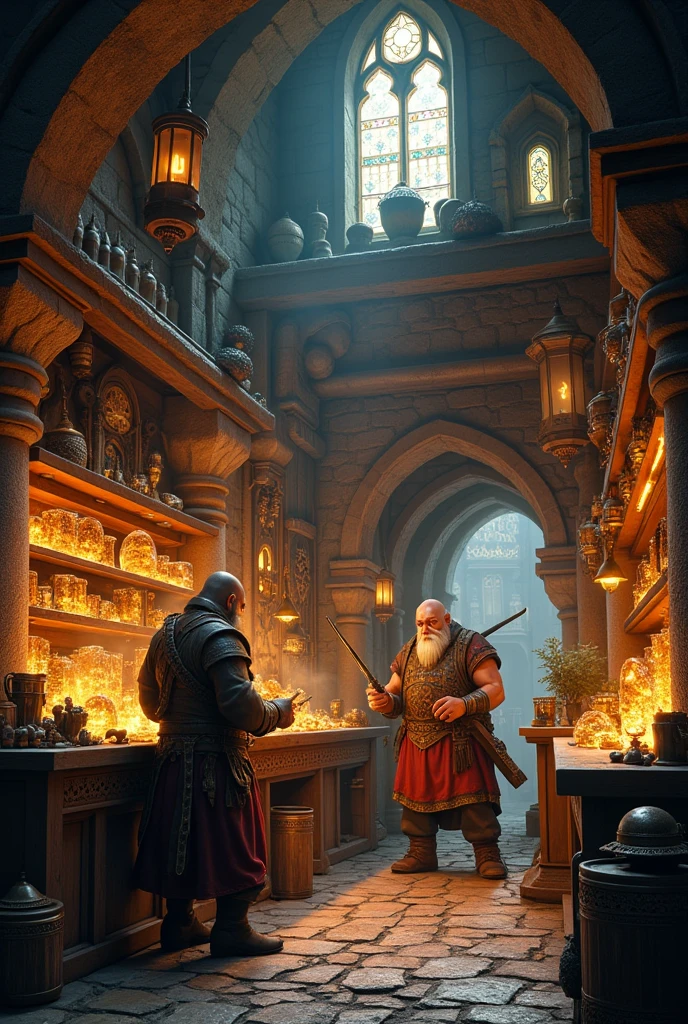fantasy dwarf magic item shop, dwarf blacksmith, dwarf artisan, intricate fantasy architecture, warm lighting, detailed textures, glowing magical items, medieval fantasy setting, cinematic composition, dramatic lighting, highly detailed, 8k, photorealistic, masterpiece