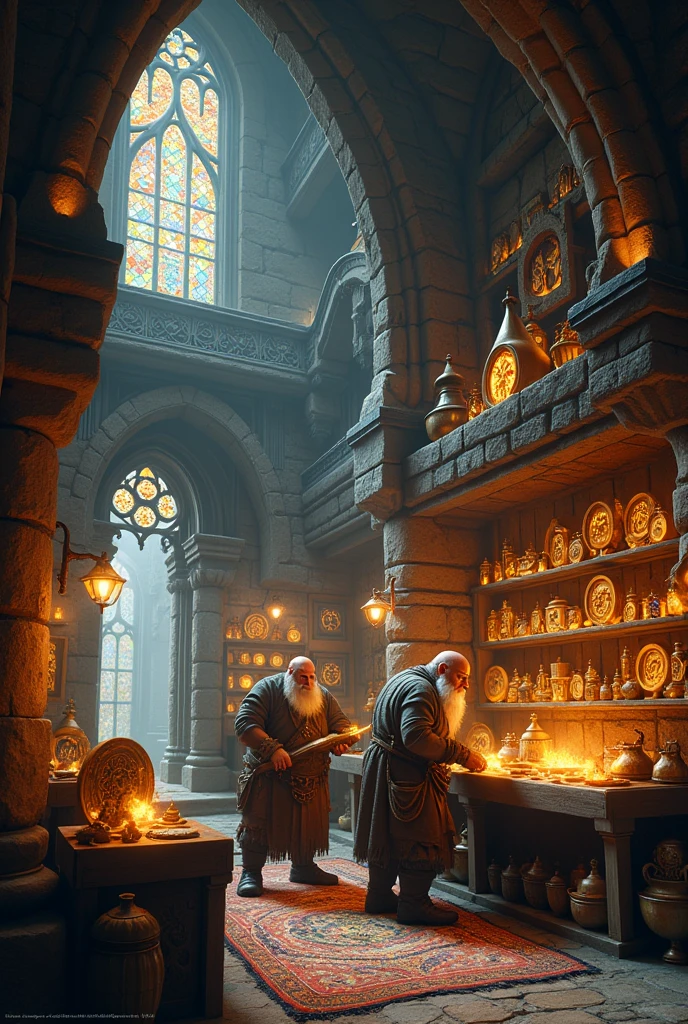 fantasy dwarf magic item shop, dwarf blacksmith, dwarf artisan, intricate fantasy architecture, warm lighting, detailed textures, glowing magical items, medieval fantasy setting, cinematic composition, dramatic lighting, highly detailed, 8k, photorealistic, masterpiece