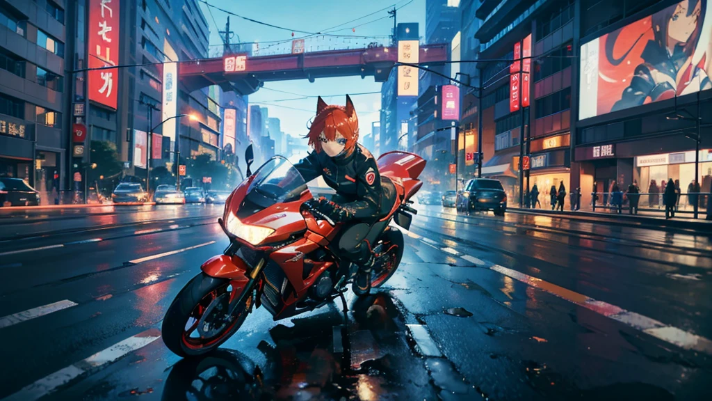 A large red motorcycle speeds through the city. (Speeding), (スローモーション: 1.3), (モーションブラー: 1.3), (スピードライン: 1.4), Speed, Cat girl, Green short bob hair, Green Eyes, Sparks and tire smoke, ソロ, Surrealism, chiaroscuro, cinematic lighting, UHD, high details, best quality, highres, 16k