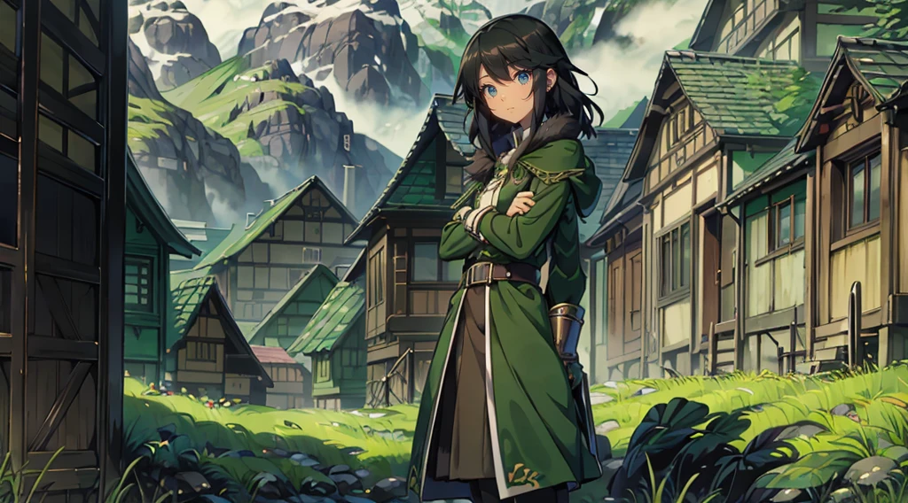 yuichiro hyakuya girl, (WithoutFear:1), 1 girl, black hair, green eyes, brown coat, gray armor, elves, sylvan, green shield, green cloak, dark brown gloves, forest, white fur trim, anime, standing, good quality, portrait, looking at viewer