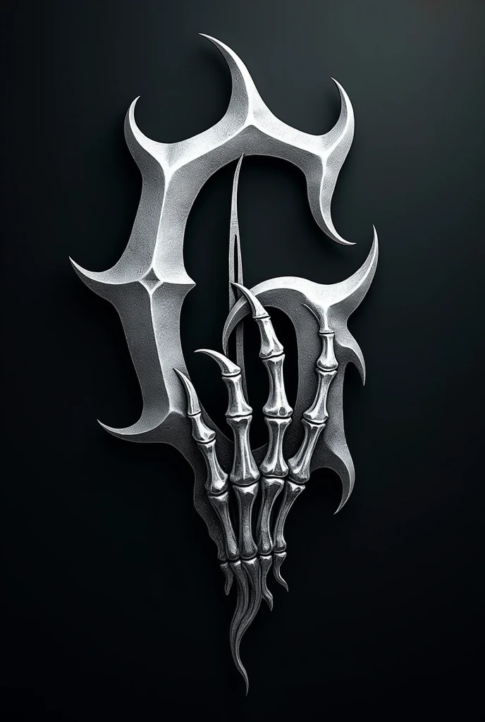 create a tattoo logo with the letter G highlighted and with a skull hand in silver color