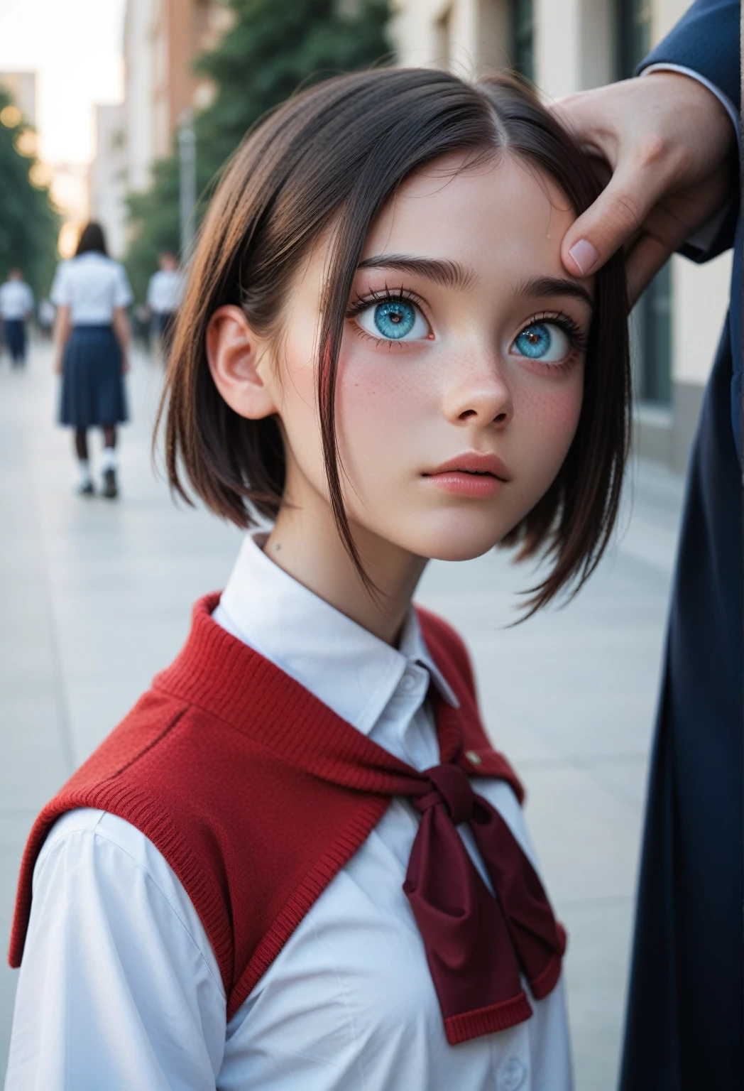 (girl has a lovely school uniform), (School uniform looks cute but revealing), eyes are looking up to man's face, pleading eyes, embarrassed and confused with blush on her face, school uniform is tight and enticing,