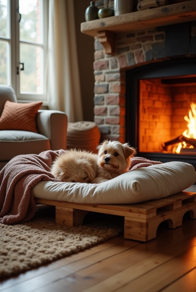 A comfortable pet bed made from a wooden pallet, with soft cushions and blankets, tailored for a small dog or cat. The bed is placed in a cozy corner of a living room, next to a fireplace.