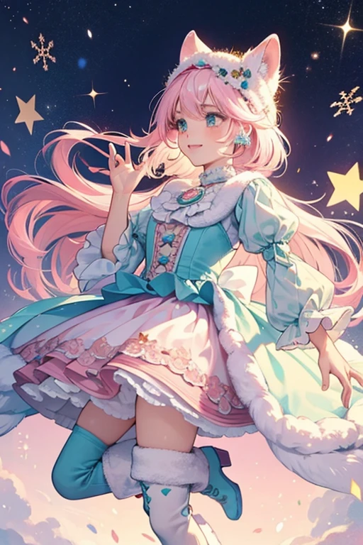 Sybill is a white doll with light pink hair.
 Her clothing features leopard spots, with multicolored snowflakes on her skirt.
 She wears a white furry headpiece and sparkly teal boots. SPARKLE; GLITTER