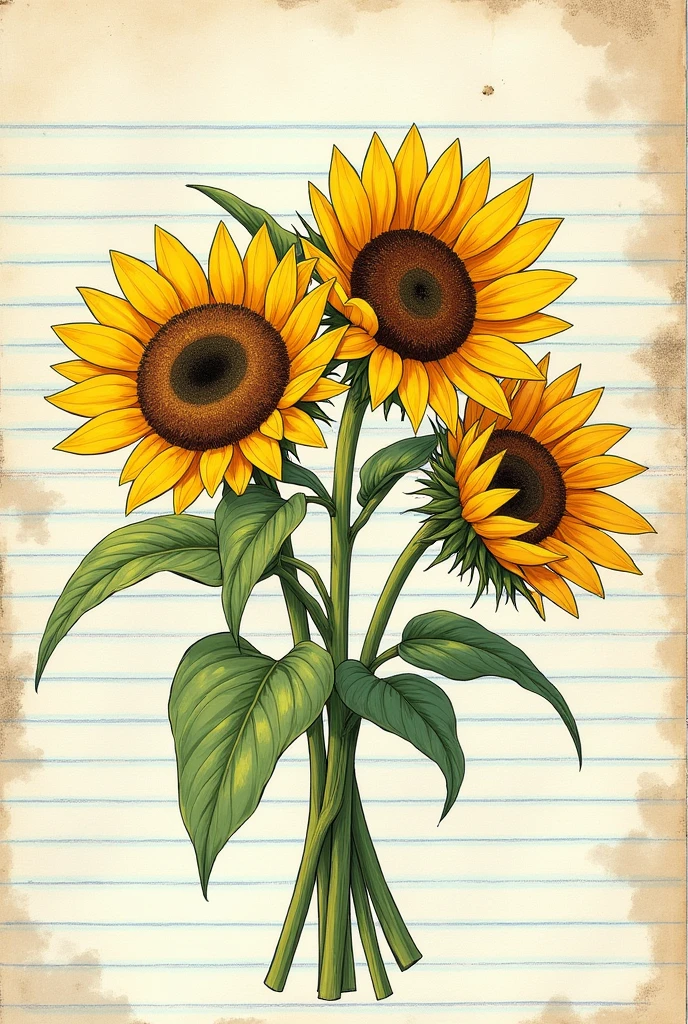 Create a bouquet of sunflowers drawn on notebook paper