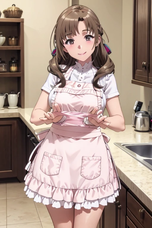 Highest quality, White frilly apron,presentingpanties,pink panties, holding,holding panties,Adult women,Yellow stained panties,kitchen,Big Breasts, A seductive smile,