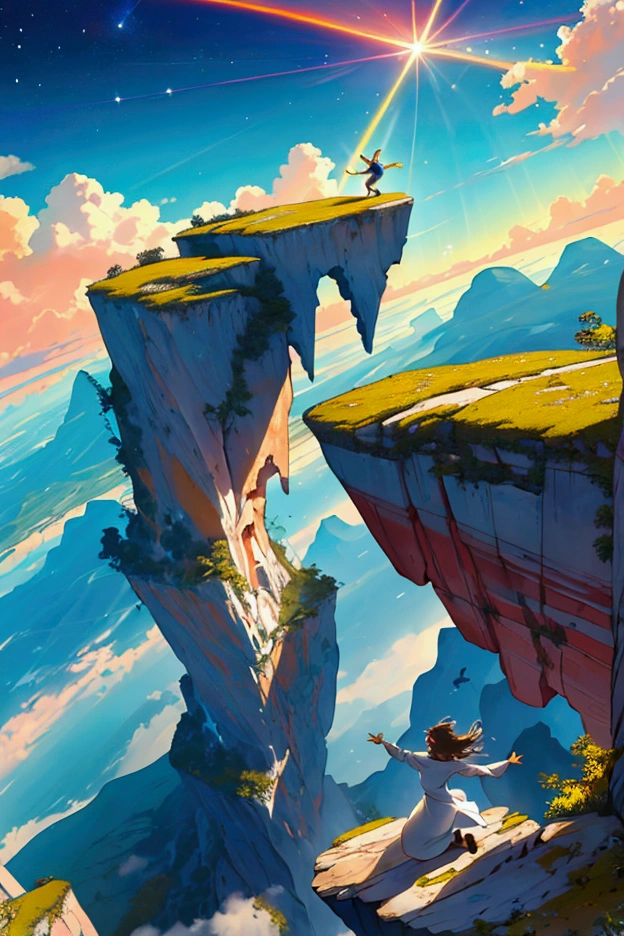 A joyful person taking a leap of faith over a cliff, fearlessly jumping into the unknown. Below, a beautiful, colorful landscape stretches out, symbolizing the excitement of taking risks and savoring life’s moments. The sky is filled with golden rays and light bursts, representing the energy of embracing life fully.