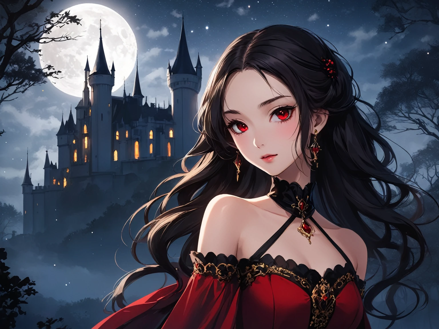 a young anime woman vampire with wavy ebony hair of medium-length partially tied back to keep it out of her way, red eyes. wearing renaissance elegant red and black dress with gold detals and with long, open shoulder sleeves. a night time full of stars and full moon a dark gothic castle silhouette surrounded by a forest far in the distance (masterpiece), best quality, expressive eyes, perfect face
