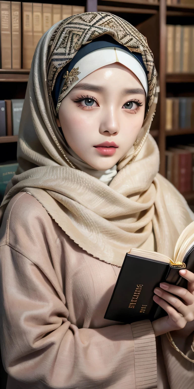 Korean girl, beautiful girl in hijab, 19 year old girl, perfect face, expressive eyes, makeup, eyeshadow, eyeliner, luxurious hijab, patterned hijab, hijab decoration, shiny lips, holding book, in the library,