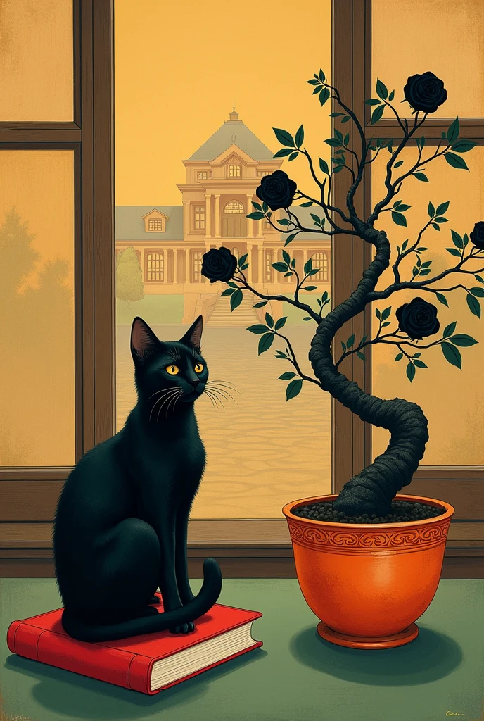 ancient japanese painting, ((black cat sitting on a red book)), next to a pequeño ((bonsai orange tree in an orange and red pot)), next to a ((Vase with black roses)), all about one ((green toned table,)) in a room with large windows that let you see a ((mansion deep yellow color)), intense cold colors precise lines, very detailed, The cat's anxious facial expression is the most important thing