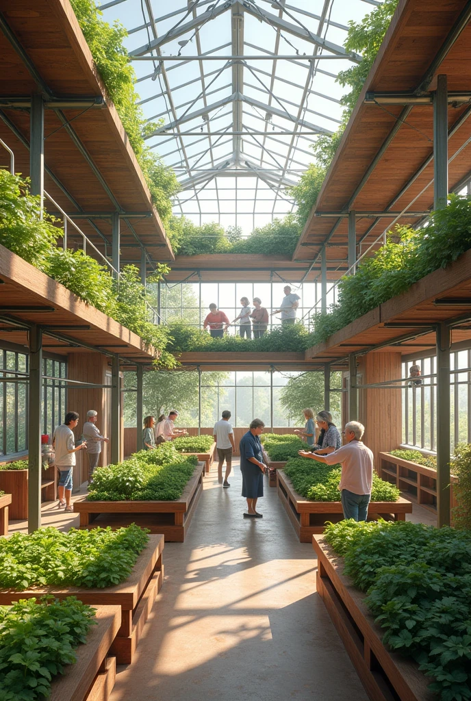 Interior of an architectural space for agricultural training for seniors, built with a scaffolding structure
