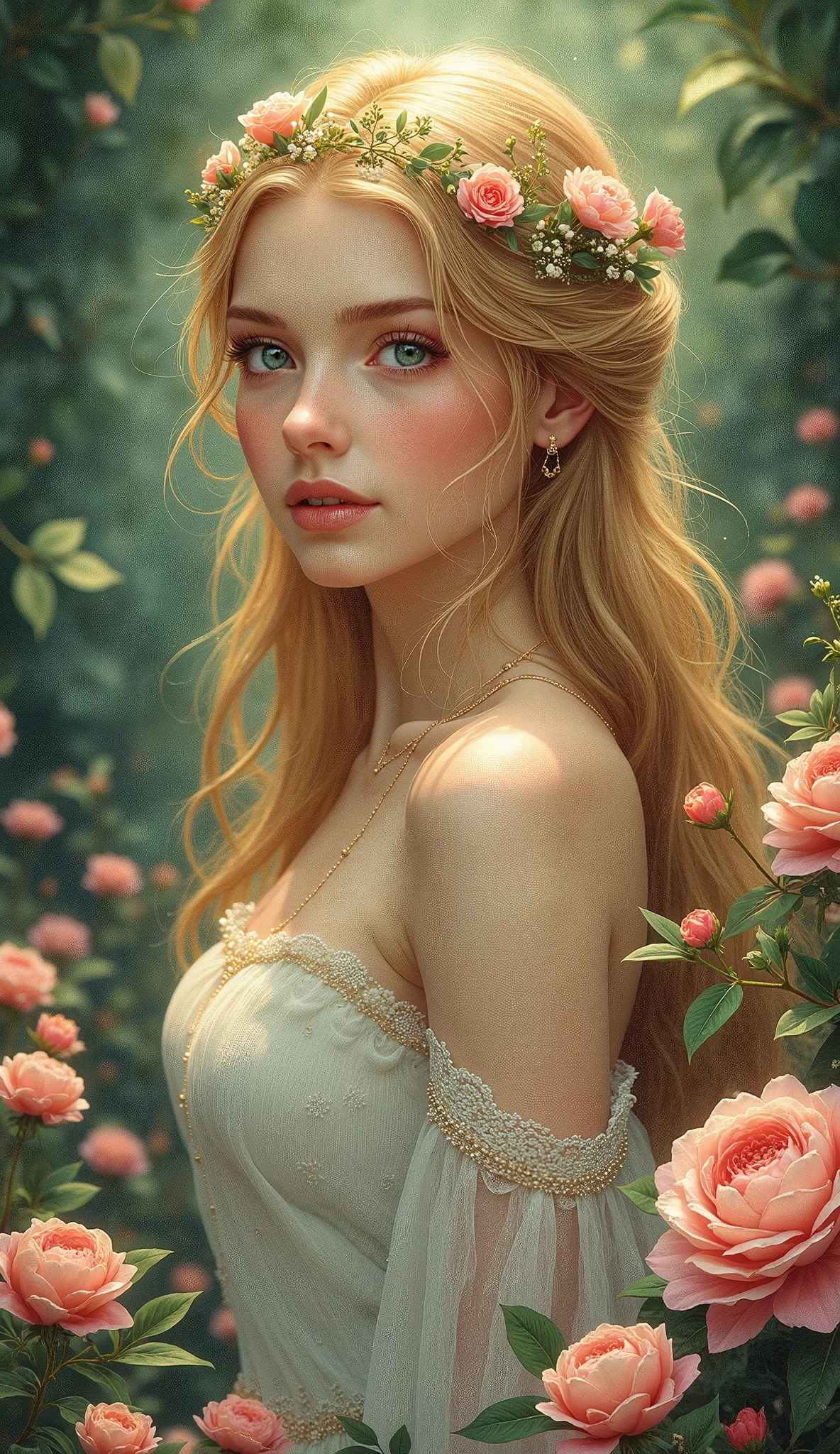 high quality, 8K Ultra HD, etching aquatint, fine lines and shadows, In the heart of Floral Fantasy Wonderland, behold a captivating and ethereal spirit of a beautiful maiden, gracefully adorned with the essence of blooming flower, Her golden long flowing hair, like silken threads of golden, cascades gracefully down her back, interwoven with delicate floral accents that mirror the surrounding blooms. Her eyes, the color of the deepest forest emeralds, sparkle with a hint of magic and mystery, reflecting the beauty of the floral symphony that surrounds her, With the clarity and detail of 8K Ultra HD images, every petal, every hue, and every expression of her otherworldly charm come to life in vivid splendor, by yukisakura, awesome full color,