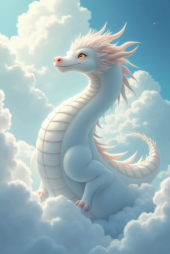 masterpiece, Highest quality,Japan Dragon God、white dragon、smiling gently、With fluffy fur。The face is rising upwards。The background is a sea of clouds。No wings、Sparkling and kind eyes、The whole body is visible
