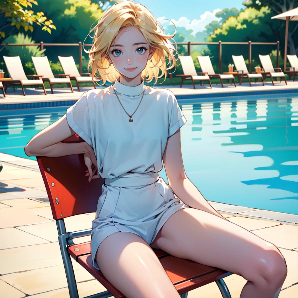 A bright, sunny day at a poolside with clear blue skies. A woman in her 30s sits confidently on a lifeguard chair, smiling with one leg crossed over the other. She is wearing a white patterned ((比基尼)), Her blonde hair peeks out from under the hat, slightly tousled by the breeze. The lighting is warm, casting soft shadows and highlighting her sun-kissed skin. The scene blends the small figure of the woman with the vibrant, summery poolside setting, using a Ghibli-style color palette with an emphasis on realism and charm. Masterpiece, Highest quality, Anime Style.Ultra high definition, High resolution, 