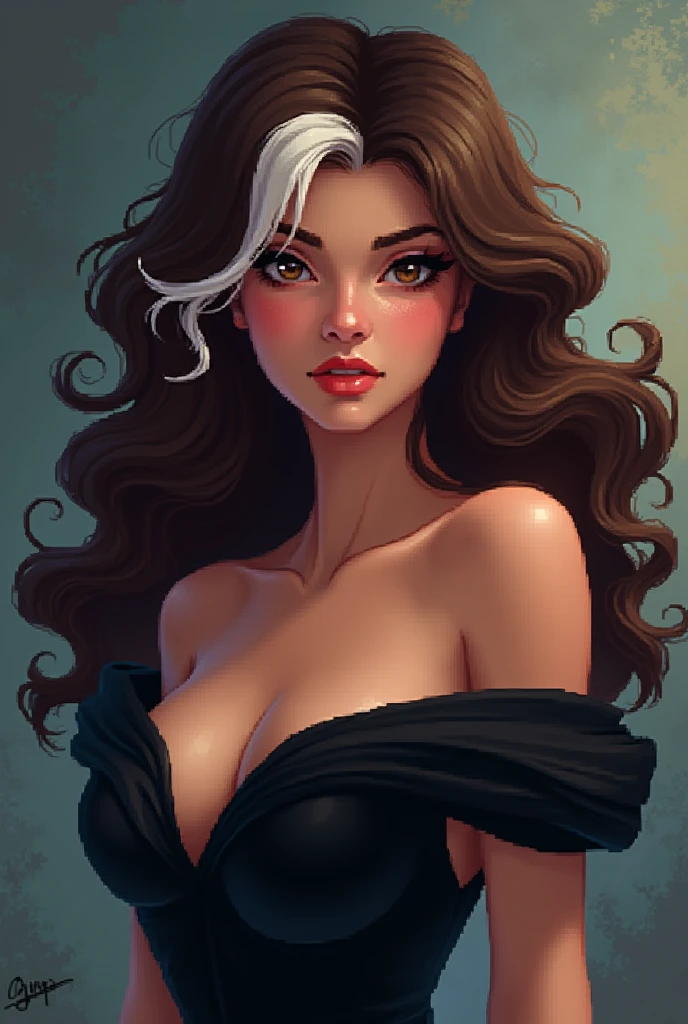 brunette woman curly hair defined white streak, black gown, Brown eyes, reddened mouth, Brown eyes escuro, big and wide face, Disney pixel animation style wide nose