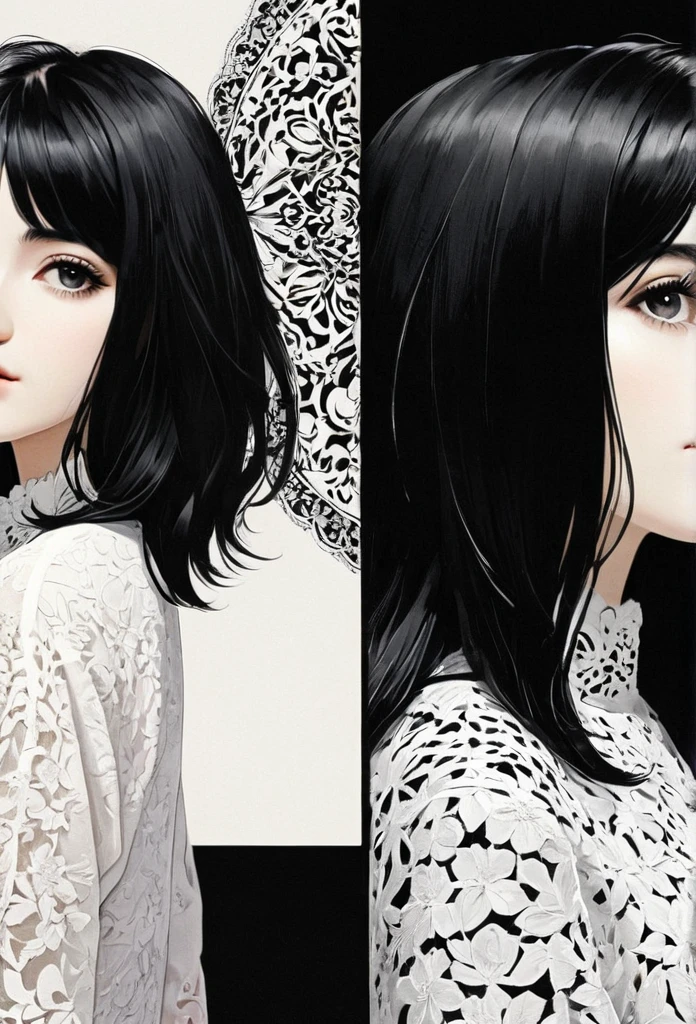 (masterpiece, best quality, Extremely detailed), delicate patterned, Detailed background,
(1 Girl), Solitary, Bankruptcy,
Single Cream, black and white, (Split screen) Long black hair wearing black clothes,Short white hair wearing white clothes, Flip horizontally, symmetry, Clear edges, High contrast,