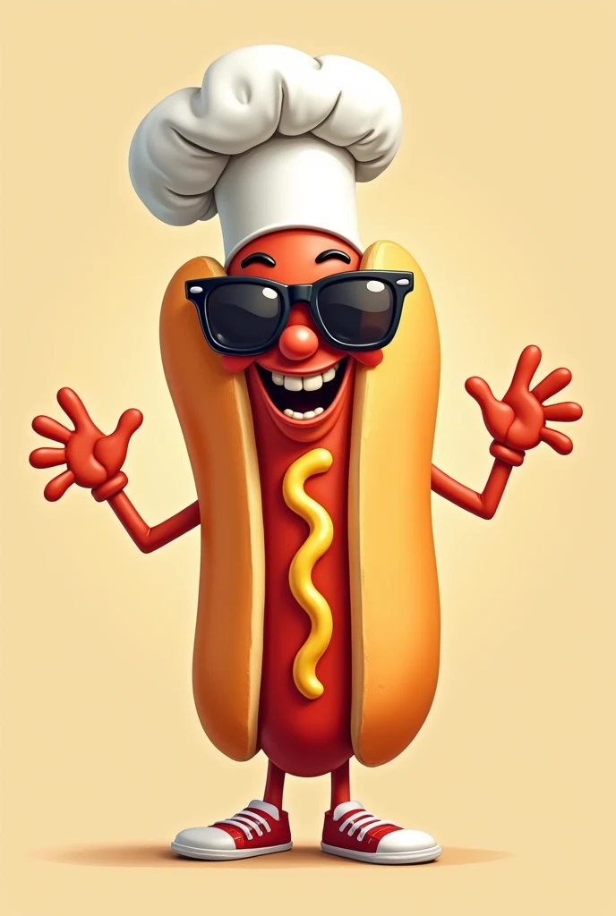 Fast Food logos: long funny hotdog character 2d in cartoon with sunglasses, and white chef hat