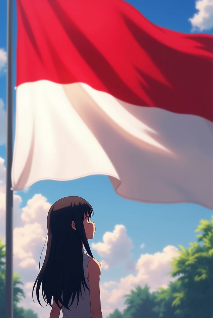 make me mitsuha is looking forward at the Indonesian flag