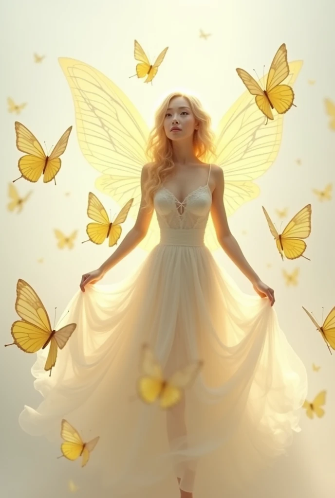 beautiful fairy with beautiful butterflies in white color with yellow, with shine on a white background
