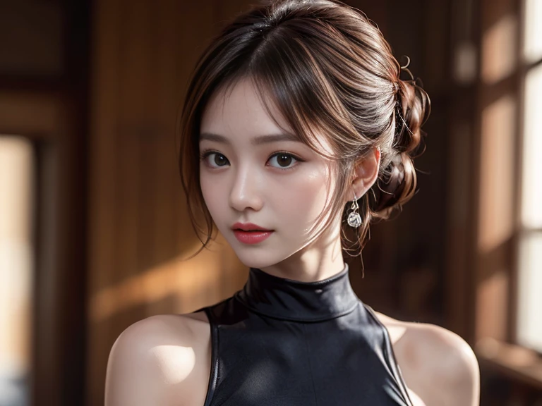 photography of a brightly sangmi nam who is Korean actress, masterpiece, photorealistic, analog, realism, Korean idol, slim leg, long_brown_hair,1 girl, very bright backlighting, solo, {beautiful and detailed eyes}, large breasts, calm expression, natural and soft light, delicate facial features, Blunt bangs, beautiful Korean girl, eye smile, very small earrings,(wearing a black long Tight-Fit Dress:1.3),(hair in an updo:1.3),(lips in a vivid shade of red:1.3),(standing in a model pose:1.3),23yo, film grain, real hands, shy smile