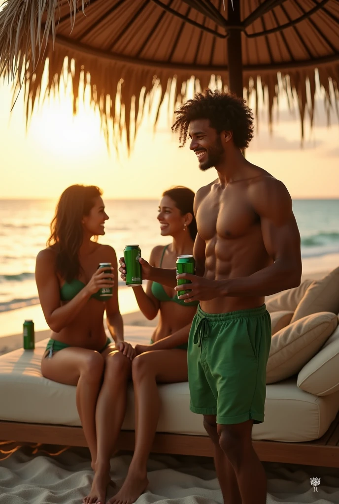 (photorealism: 1.2), handsome Cuban, beautiful and athletic body, standing next to a beach bed, the bed is made of wood with beige cushions, under a guano umbrella, dark skin color, curly hair, with a green shorts, holding with his left hand and drinking a can of beer, the can is green, the can has no signs, he is on the beach, on a sunset, natural light with two beautiful Cuban women, with beautiful bodies, sitting on the bed from the beach, the bed is made of wood with beige cushions, under a guano umbrella, dark skin color, curly hair, they wear a green bikini, she holds and drinks a can of beer with her left hand, the can is green, the can has no signs, the beach is lit, on a sunset, natural light, everyone is sharing, drinking and laughing together like best friends, everyone's clothes are green