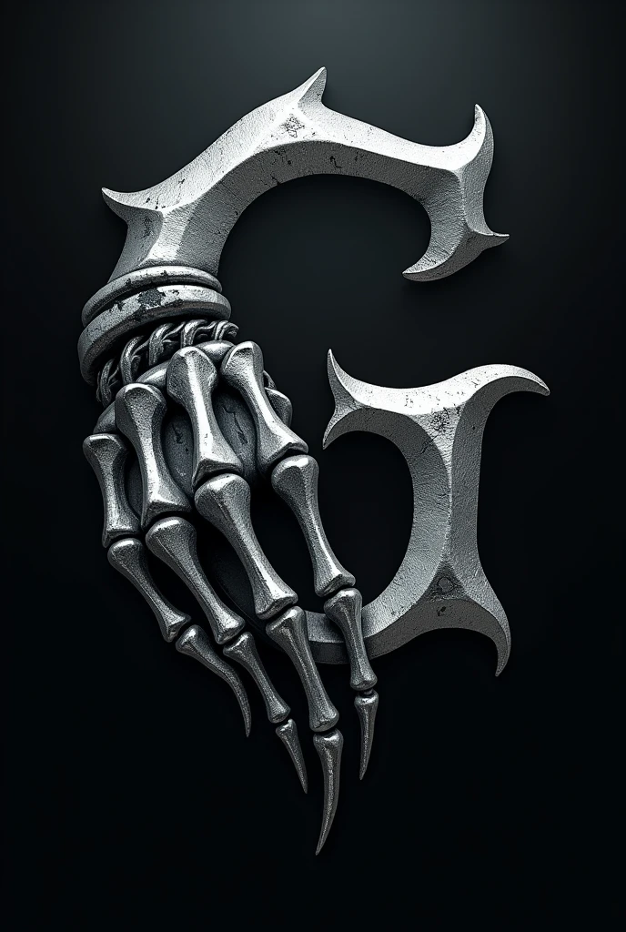create a tattoo logo with the letter G highlighted and with a skull hand in silver color