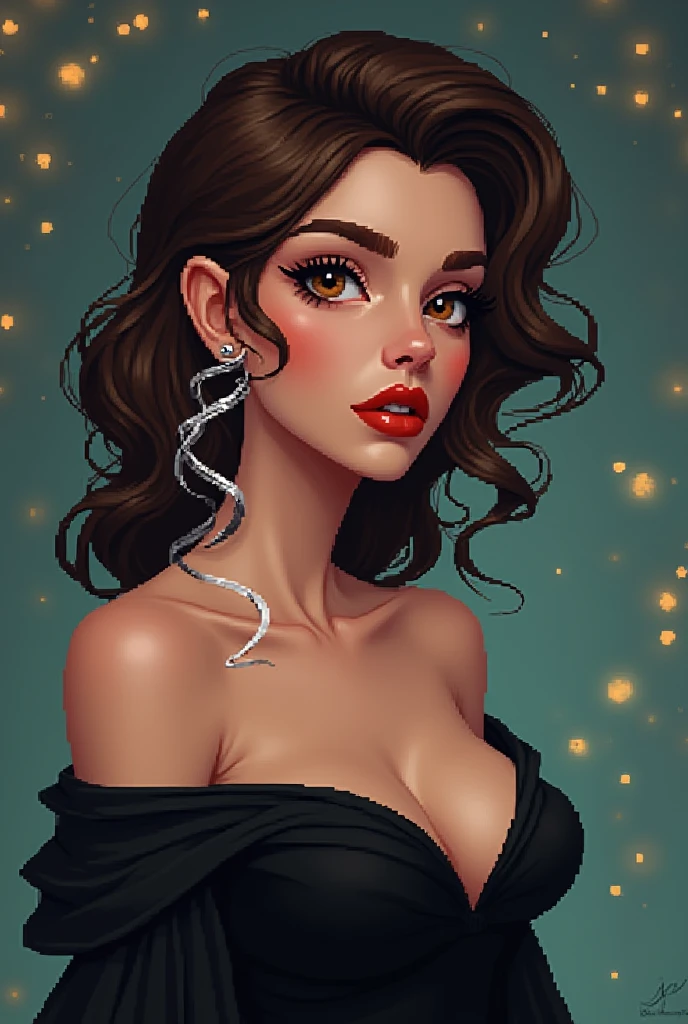 brunette woman with defined curly hair and white streak, black gown, Brown eyes, reddened mouth, Brown eyes escuro, big and wide face, Disney pixel animation style wide nose