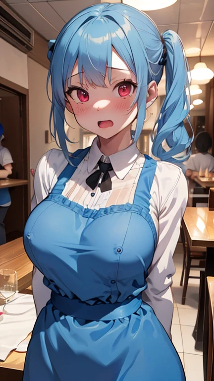 mastute piece,Best Quality,insanely detailed,8k cg,nsfw,
(shoot upper body:1.3),
(1girls:1.3),standing,looking at viewr,body in front,(arms behind back:1.4),(light blue waitress costume:1.4),(bare breasts:1.2),break,
blush,shy,(ecstasy face),(trembling:1.2),break,(light blue hair:1.2),
break,
perfect breasts,perfect teats,(open mouth:0.9),(large breasts:1.2),
(restaurant:1.1),