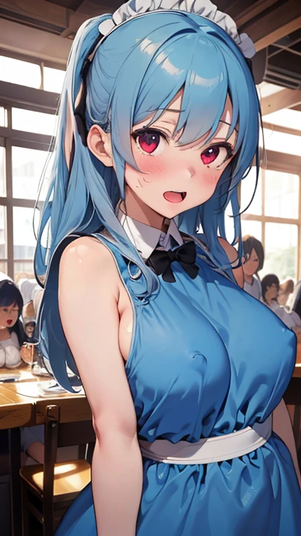 mastute piece,Best Quality,insanely detailed,8k cg,nsfw,
(shoot upper body:1.3),
(1girls:1.3),standing,looking at viewr,body in front,(arms behind back:1.4),(light blue waitress costume:1.4),(bare breasts:1.2),break,
blush,shy,(ecstasy face),(trembling:1.2),break,(light blue hair:1.2),
break,
perfect breasts,perfect teats,(open mouth:0.9),(large breasts:1.2),
(restaurant:1.1),