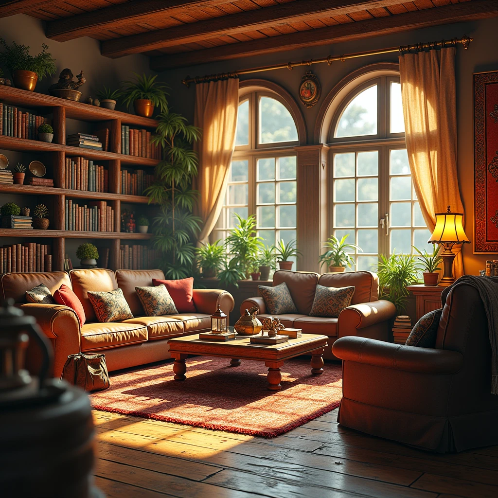 a cozy adventurer's living room filled with artifacts and mementos from around the world, detailed wooden furniture, handwoven tapestries, brass and copper accents, glowing lanterns, plush textured rugs, potted plants, bookshelves overflowing with leather bound tomes, rays of warm sunlight through large windows, a sense of worldly exploration and cultural exchange