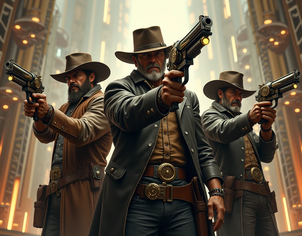 steam punk western bandits holding guns with art deco backdrop
