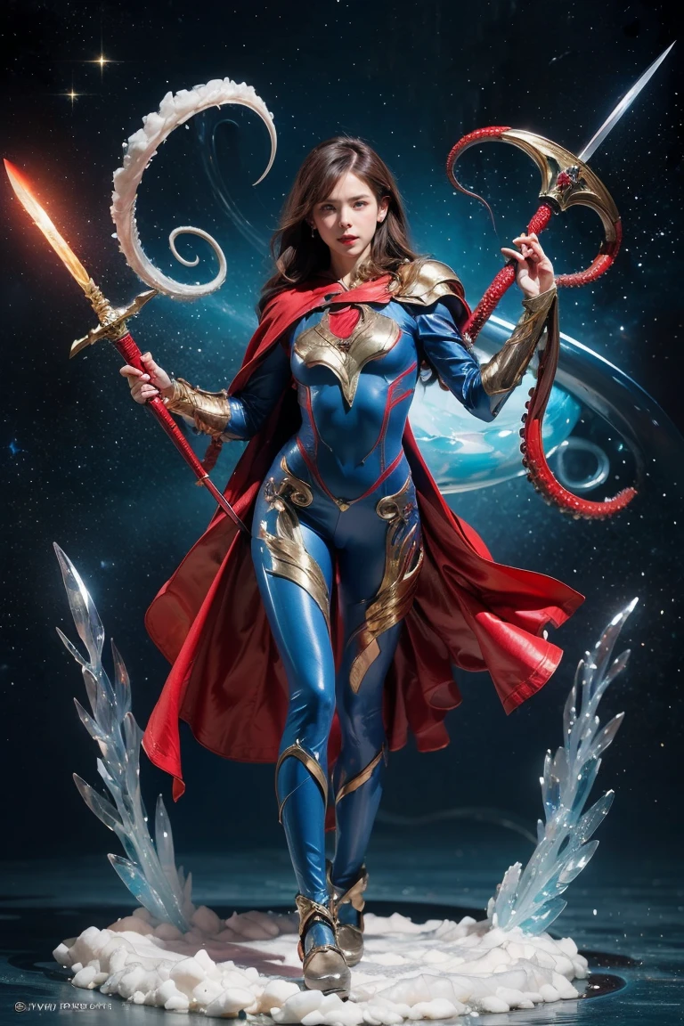 Highest quality, masterpiece, Realistic, High resolution, 8K RAW Photos, 1 person、Long Hair、goddess、Has a decorated sword、Raise your sword、((Glamour body:1.3))、(Blue bodysuit with ice motif、Gold Edge、Red Cape)、Silver Pendant、Silver earrings、(((Action pose)))、(On the ice of a planet where Mercury is visible)、(Many ice crystals floating in the starry sky）、Tentacle Shield、Tentacle Missile、Tentacle Sword、Tentacle Armor、Octopus、attack with tentacles
