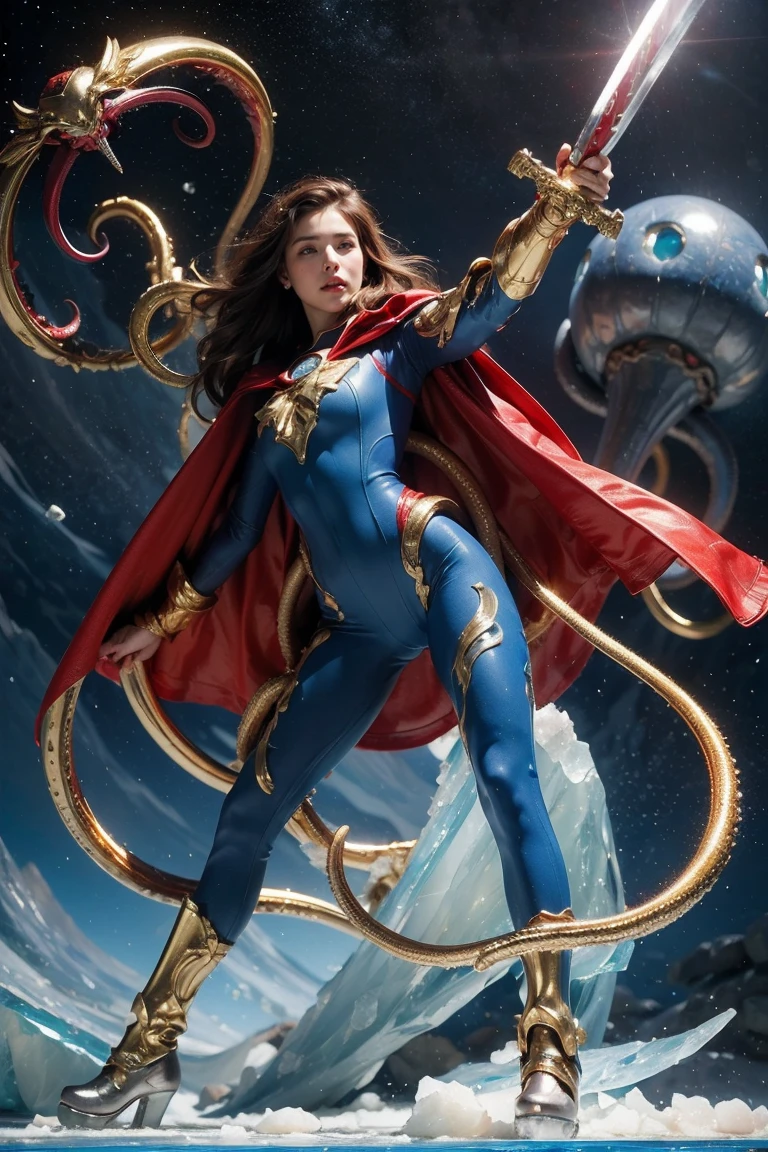 Highest quality, masterpiece, Realistic, High resolution, 8K RAW Photos, 1 person、Long Hair、goddess、Has a decorated sword、Raise your sword、((Glamour body:1.3))、(Blue bodysuit with ice motif、Gold Edge、Red Cape)、Silver Pendant、Silver earrings、(((Action pose)))、(On the ice of a planet where Mercury is visible)、(Many ice crystals floating in the starry sky)、Tentacle Shield、Tentacle Missile、Tentacle Sword、Tentacle Armor、Octopus、attack with tentacles