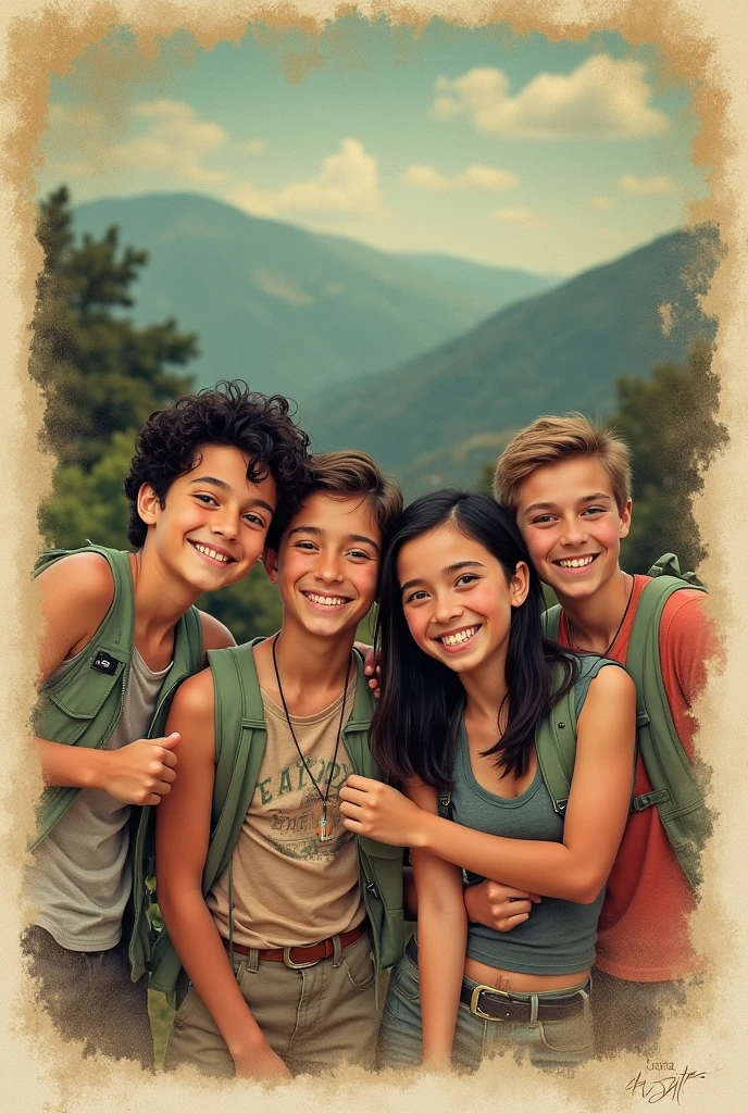create an image as if it were a faded color photo of some smiling campers dressed in summer clothes, in the corner of the photo there is a caption written Alto da Serra Camp Class of 2012, children aged 12 to 13, one with black hair, imagem em arte da dc comics