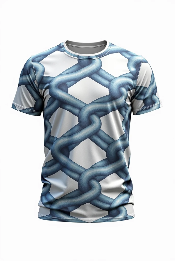 A plain t-shirt with a pattern of many small chains all over the t-shirt in grey and blue, T-shirt on white background 