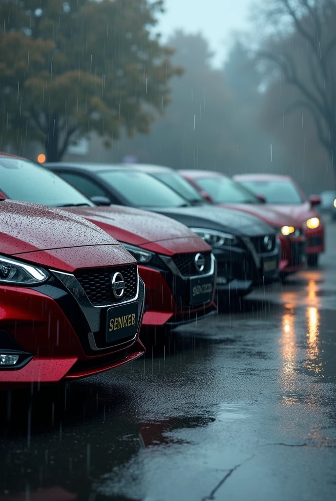Draw a picture of 5 cars parked one behind the other on a rainy day. But the car model has to be the following. The first one has to be a 2018 Nissan Sentra, The Second A 2023 Toyota Corolla Altis, The Third a 2023 Honda HR-V, O Quarto um Honda Civic 2023 Sedãn e o quinto Um FIAT Fastback Audace Turbo.