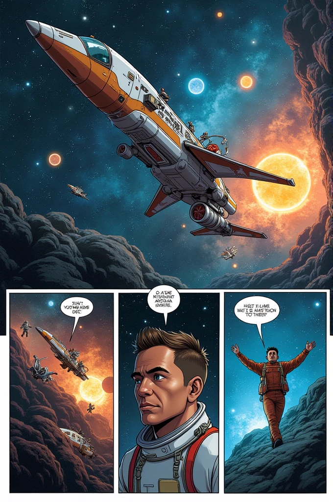 Make a comic about astronauts with 5 drawings 