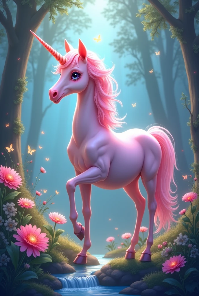 A pink unicorn in a fantasy world 