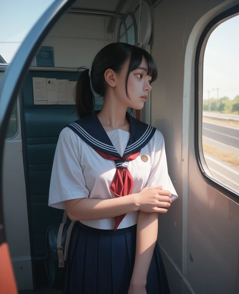 A high school girl wearing a summer sailor uniform waiting for the bus