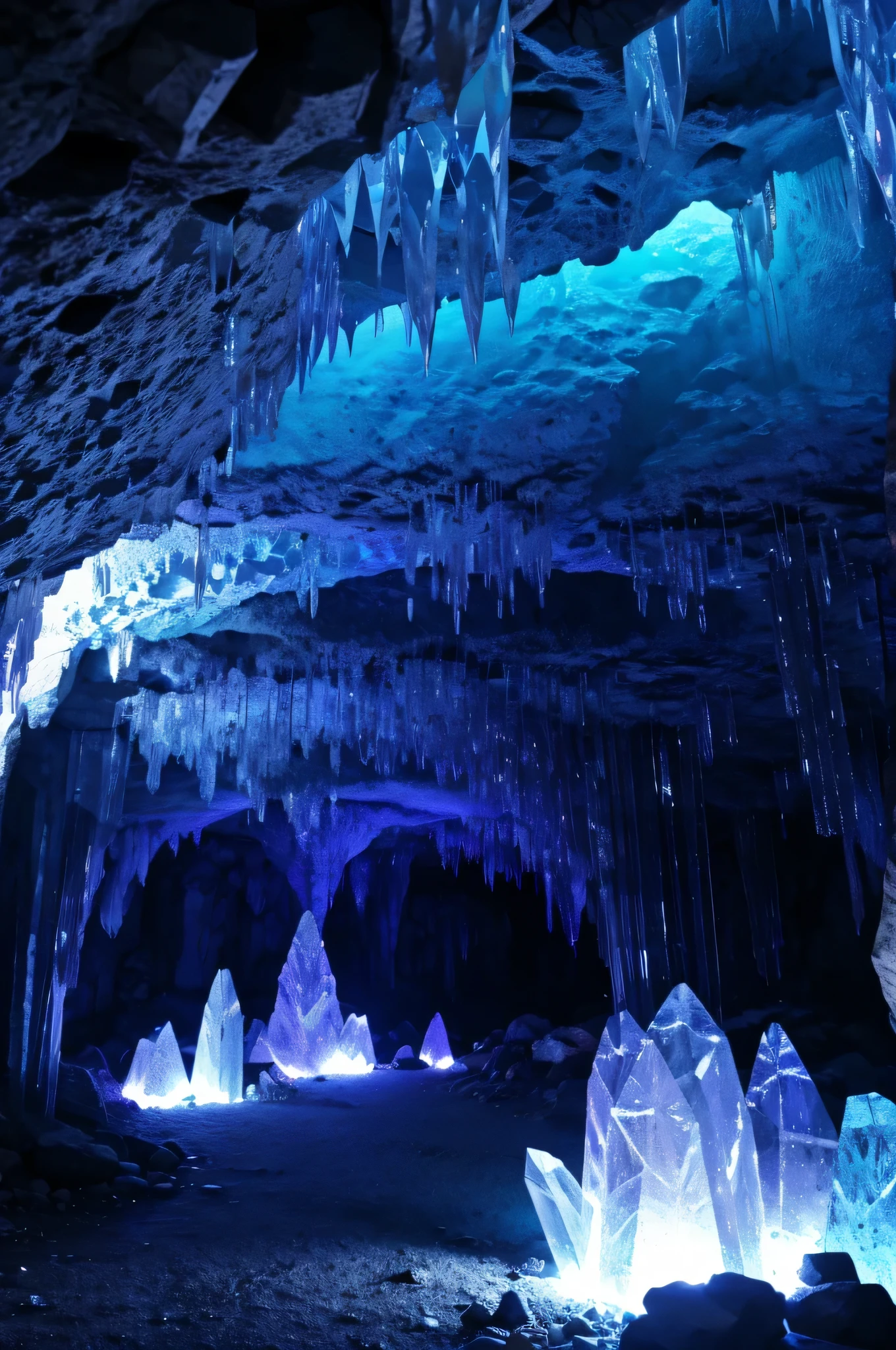 An underground crystal cave, illuminated by glowing stones and shimmering stalactites.