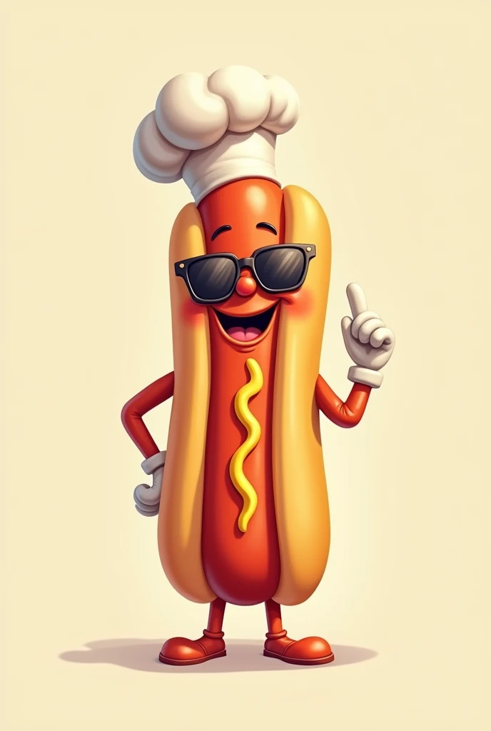 Fast Food logos: long hotdog character 2d with white gloves hands in cartoon with sunglasses, and chef hat
