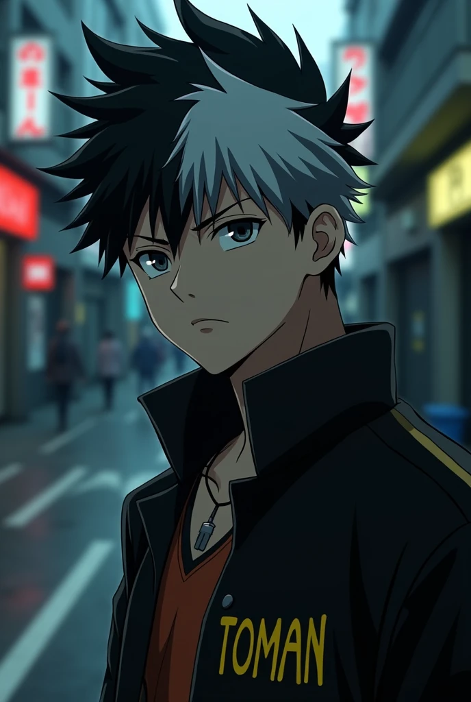 Screenshot from anime Tokyo Revengers. man, light skin, medium long hair wolf cut style color one half black and the other white, black eyes a little tired and attractive. wears a toMan uniform, black with yellow letters, profile posture. background of a dark street. films studio, Season 3.