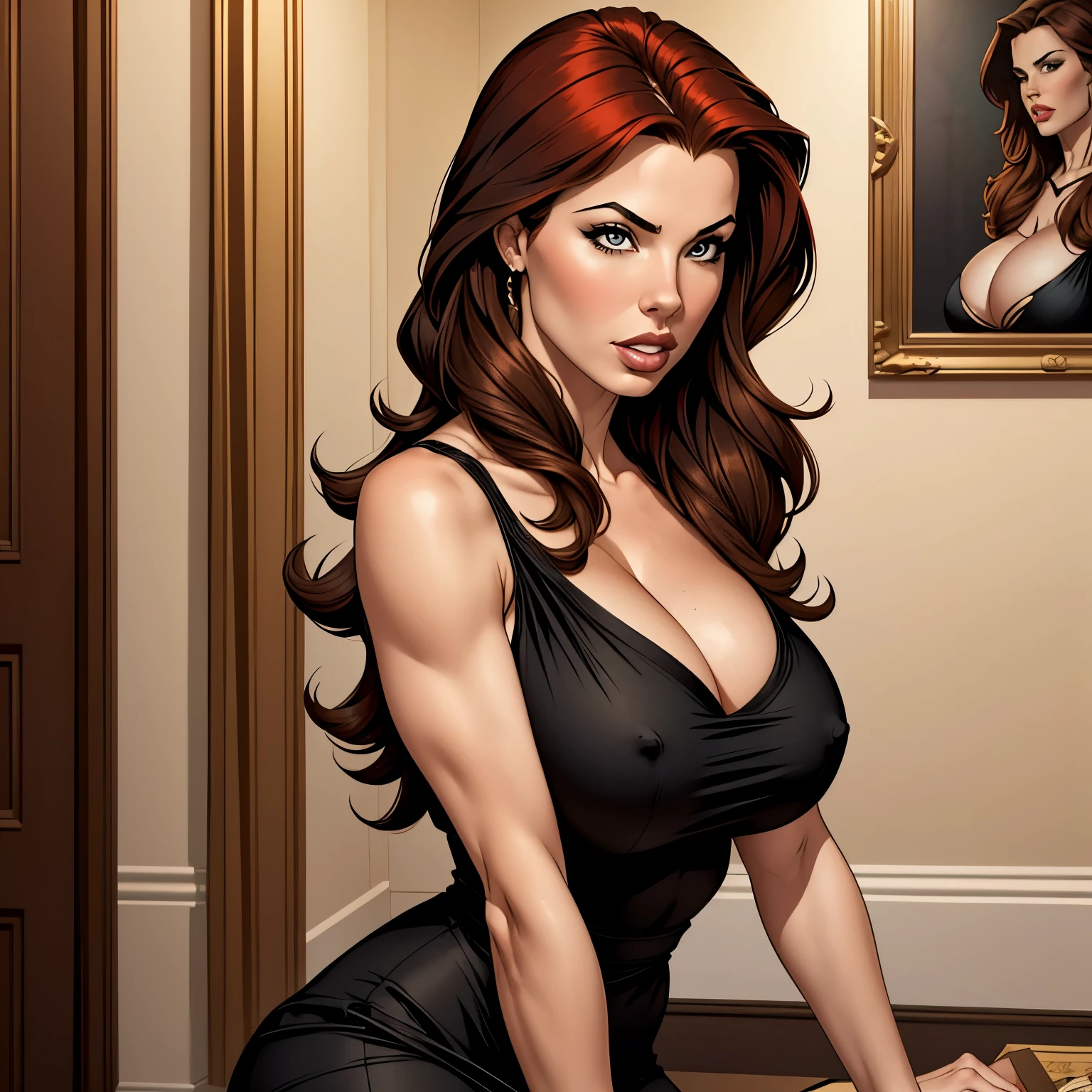 1 woman, Spanish young girl, Krista Allen, long hair, redhead, she was wearing an elegant black dress. Busty, big ass, must be a beautiful woman, sexy. Comic style