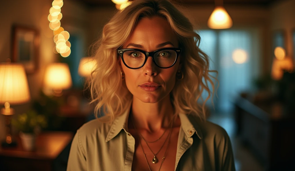 As the camera pans around the room, the magical bokeh of lights creates a dreamy atmosphere. In the center of the room, There is a 63 year old milf goddess with big glasses and wavy blonde hair, big mouth, full lips and green eyes. She wears a shirt with a generous neckline, drawing attention to her large breasts., adding a touch of mystery to its already intriguing presence. its intricate details contribute to the overall cinematic feel of the scene.