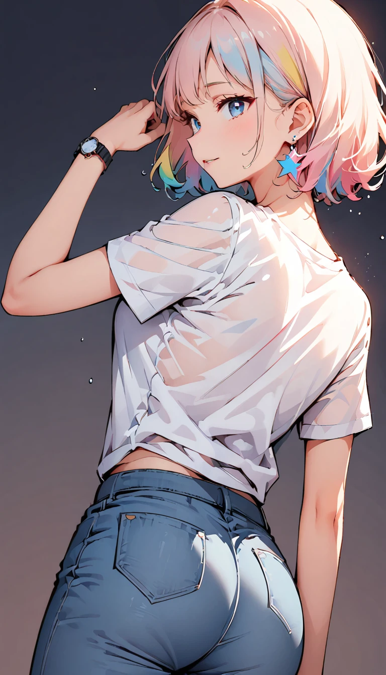 (high quality, 8k, 4K, High Contrast, masterpiece:1.2, 最high quality, Best aesthetics), (Dynamic Angle), ((1 female teen)), (Full Shot), ((Plain and bright background)), ((Flat Color)),(The upper body is a plain grey camisole), (jeans), Turning his back, Posture with buttocks sticking out, Looking at the audience, Upper Body, Transparent Background, Sleepy eyes, High Contrast, Contrasting colors, , Pale pink and blue lighting, ((Short Hair)) , Rainbow Hair, Small star-shaped earrings in both ears, watch, bright eyeshadow, Cool look, Wet T-shirt, Angle of view that allows space above the head to see the background,