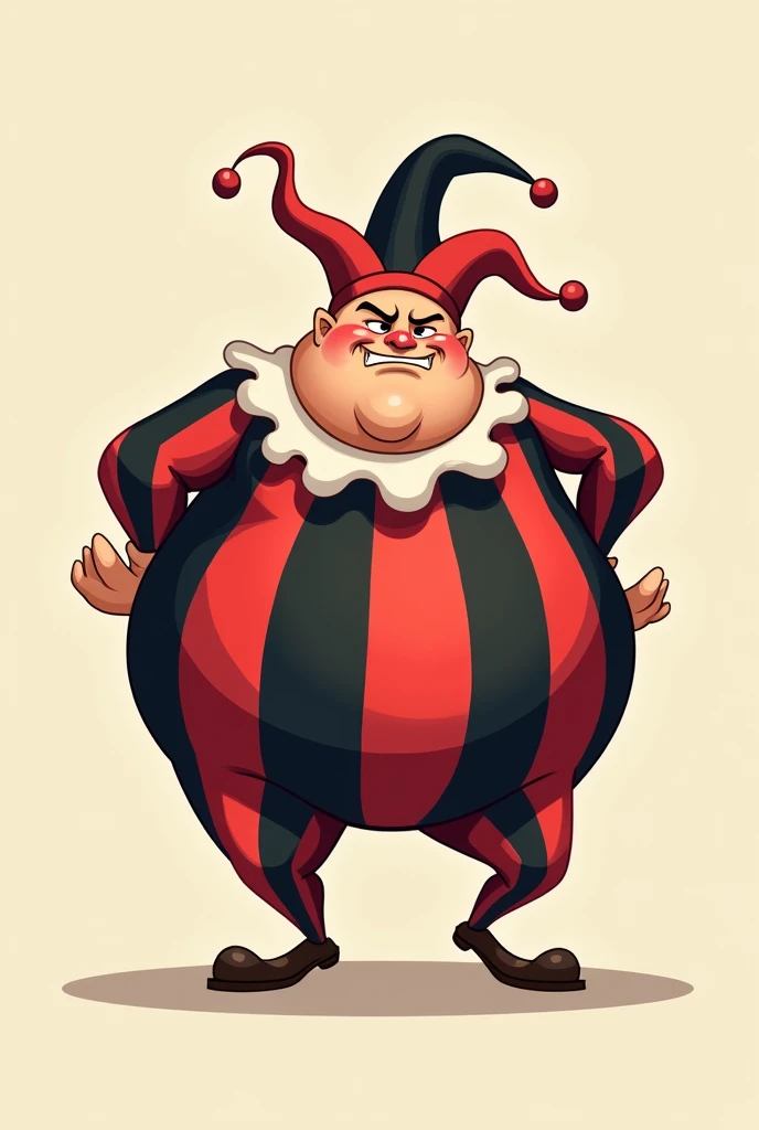 A short and plump jester dancing around with bells on his hat
Make him squatting facing forward and just a little more grouchy
Shirt
Red and black striped shirt
Verticle stripes