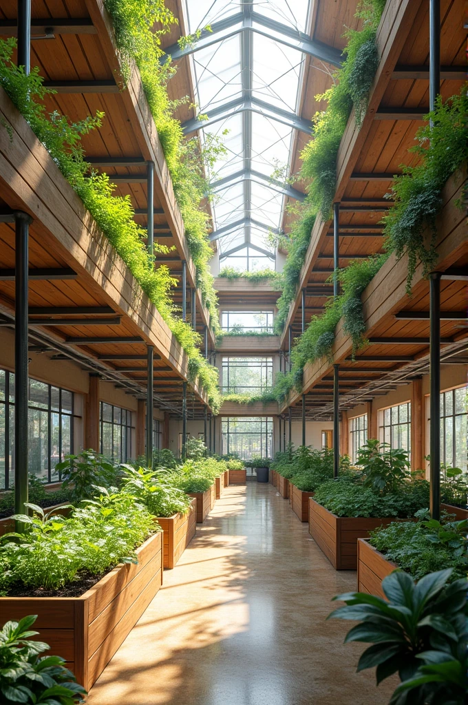 Interior of an architectural space for agricultural training for seniors, built with scaffolding