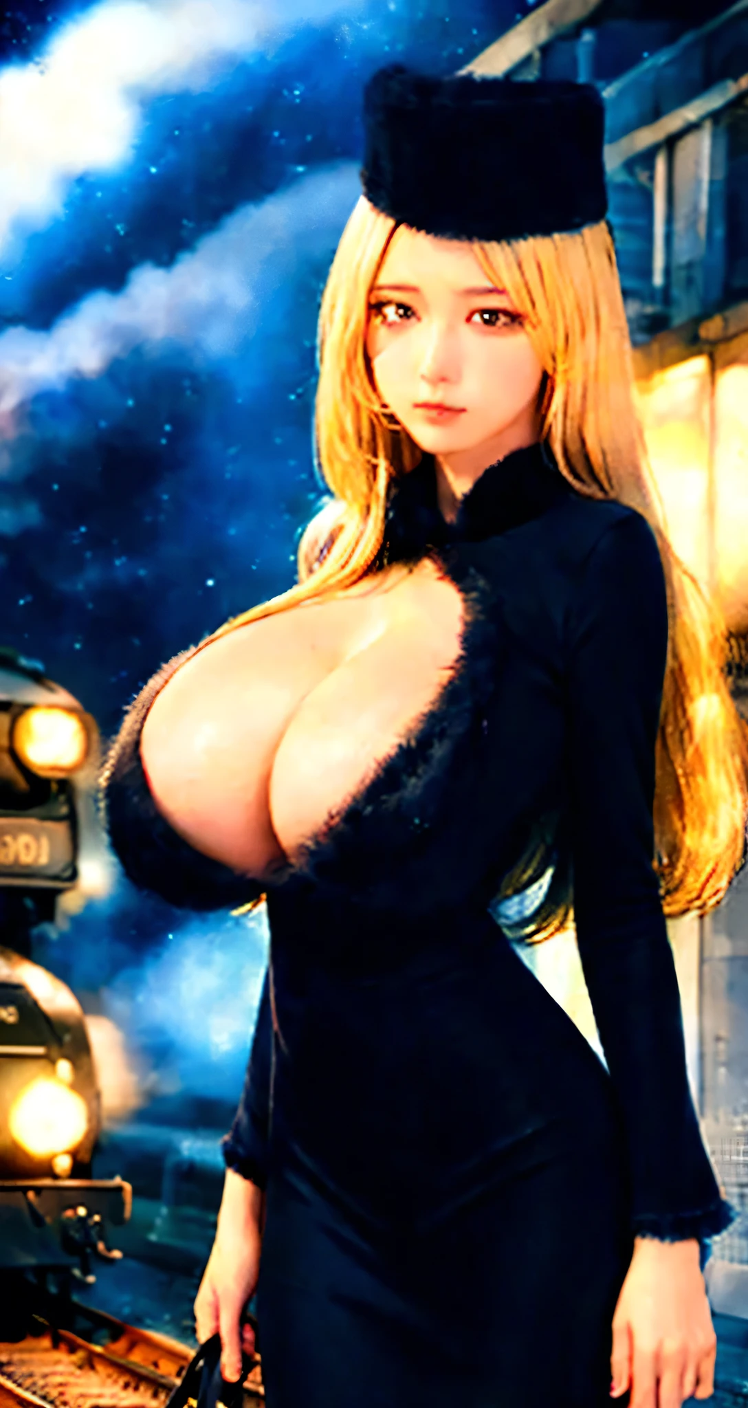 (((Highest quality, Great quality,32K, RAW Photos, Realistic))), Unbelievably absurd, Very detailed, delicate, Flashy and dynamic depiction, Galaxy Express 999, Material, Long Hair, Blonde, Fur trim, Black Hat, Fur is, dress, Dynamic Angle、Beautiful and cool woman, Very large breasts bigger than a face, sad, Fleeting, Melancholic expression, Sharp eyes, Sharp Face, Slender and perfect proportions, Tight waist, Long eyelashes, Detailed pupil, Detailed skin texture, Background Galaxy, night, Station platform, Steam locomotive station, luggage